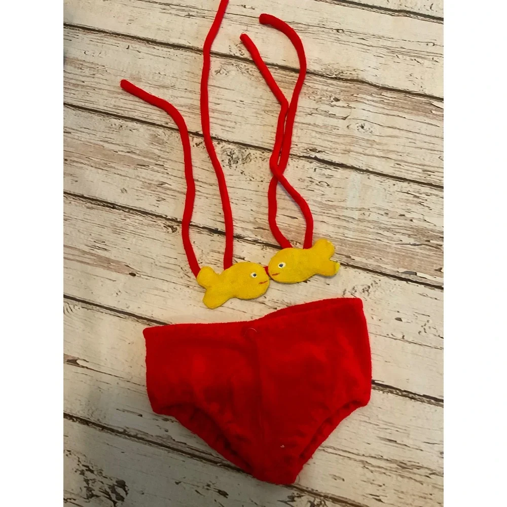 Vintage 1970s Terry Cloth Bikini Toddler Red Yellow Fish Two‎ Piece Swimsuit
